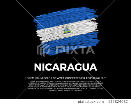 Flag of Nicaragua. Nicaraguan and Caribbean Culture. Vibrant, textured brushstroke effect style. Black background with copy space. Dramatic composition in negative space. 133824082