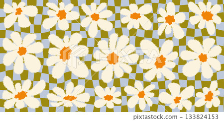 Groovy daisy background with abstract white flowers on green and blue checkered pattern. Groovy daisy composition in retro floral style with soft texture. Vector illustration 133824153
