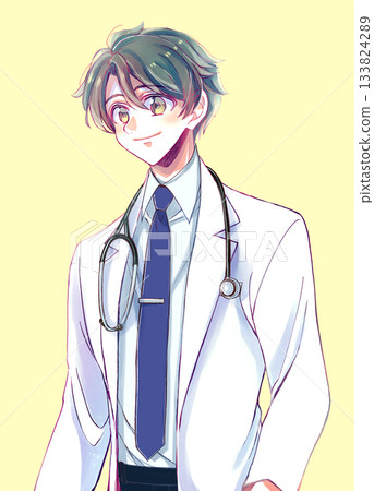 A refreshing man wearing a white coat, tie, stethoscope, black hair 133824289