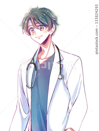 一位神采奕奕的男士，身穿白大褂和手術服，佩戴聽診器，留著黑髮。 133824293