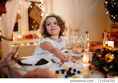 Cheerful small girl during Christmas Eve. Banner with copy space. Cheerful small girl during Christmas Eve. Banner with copy space. 133824705