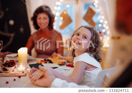 Senior couple with small granddaughter indoors at Christmas. 133824711