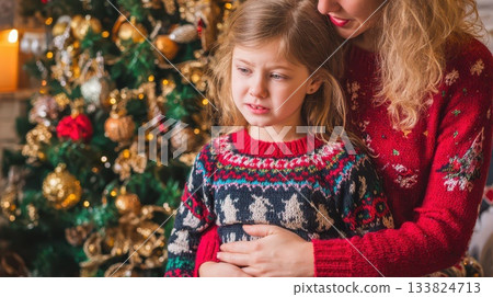 Cozy moments with family by the Christmas tree 133824713