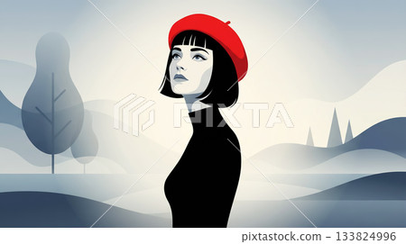 A delicate illustration of an elegant woman with short hair, wearing a beret, in a mystical landscape with a touch of modern romanticism 133824996