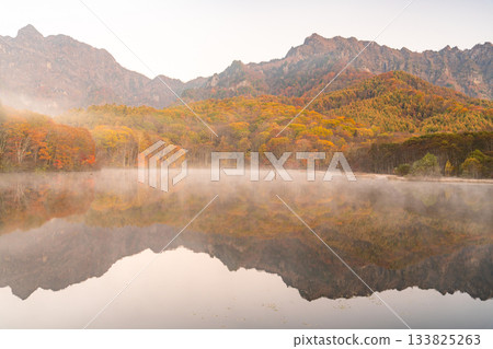 <Nagano Prefecture> Kagami Pond at dawn, Togakushi at the peak of autumn foliage 133825263