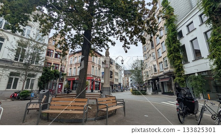 Cityscape of narrow back alley with bench in Antwerp 133825301