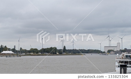 Wind turbines with river 133825304