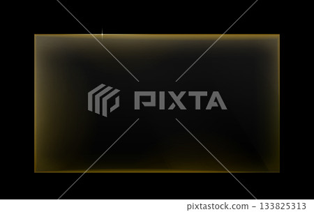 Transparent glossy glass panel with bright yellow neon glow border on clear background futuristic modern luminous frame 133825313