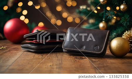 A brown empty wallet on a wooden table against a festive background with Christmas decorations. Conceptual ideas for holiday spending, budgeting, financial planning, and gift-giving. A brown empty wallet on a wooden table against a festive background with Christmas decorations. Conceptual ideas for holiday spending, budgeting, financial planning, and gift-giving. 133825338