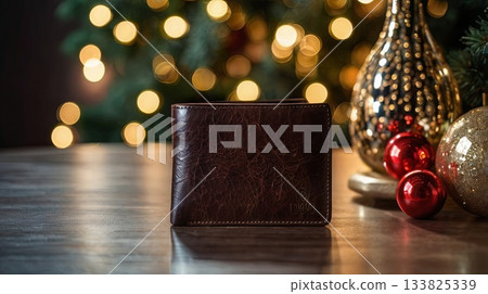 A brown empty wallet on a wooden table against a festive background with Christmas decorations. Conceptual ideas for holiday spending, budgeting, financial planning, and gift-giving. A brown empty wallet on a wooden table against a festive background with Christmas decorations. Conceptual ideas for holiday spending, budgeting, financial planning, and gift-giving. 133825339