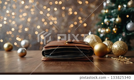 A brown empty wallet on a wooden table against a festive background with Christmas decorations. Conceptual ideas for holiday spending, budgeting, financial planning, and gift-giving. A brown empty wallet on a wooden table against a festive background with Christmas decorations. Conceptual ideas for holiday spending, budgeting, financial planning, and gift-giving. 133825340