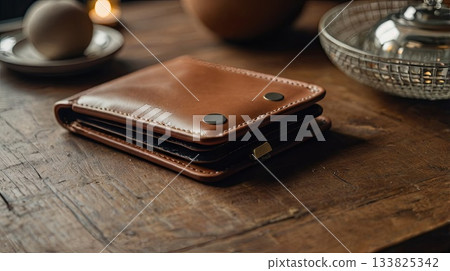 A brown empty wallet on a wooden table against a festive background with Christmas decorations. Conceptual ideas for holiday spending, budgeting, financial planning, and gift-giving. 133825342