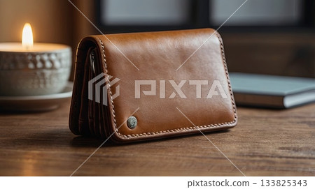 A brown empty wallet on a wooden table against a festive background with Christmas decorations. Conceptual ideas for holiday spending, budgeting, financial planning, and gift-giving. 133825343