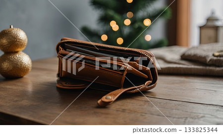 A brown empty wallet on a wooden table against a festive background with Christmas decorations. Conceptual ideas for holiday spending, budgeting, financial planning, and gift-giving. 133825344
