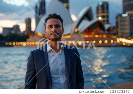 Confident and poised, a young Aboriginal business innovator stands outdoors with the iconic Sydney Opera House behind him. A modern leader blending heritage and ambition in a powerful urban setting. 133825372