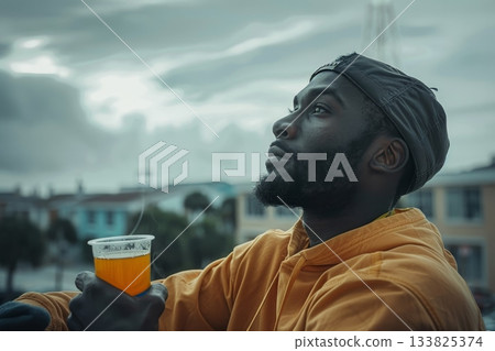 A Black man in athletic wear takes a moment to rest with a cup of tea in hand, seated in an urban outdoor space under an overcast sky. A scene blending wellness, style, and modern city life. A Black man in athletic wear takes a moment to rest with a cup of tea in hand, seated in an urban outdoor space under an overcast sky. A scene blending wellness, style, and modern city life. 133825374