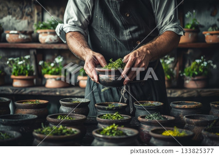 Experienced European chef carefully blends aromatic herbs into a fasting tea, capturing the essence of wellness and tradition in a serene kitchen setting with natural tones. 133825377