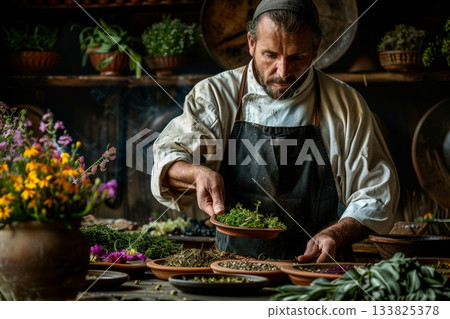 Experienced European chef carefully blends aromatic herbs into a fasting tea, capturing the essence of wellness and tradition in a serene kitchen setting with natural tones. Experienced European chef carefully blends aromatic herbs into a fasting tea, capturing the essence of wellness and tradition in a serene kitchen setting with natural tones. 133825378