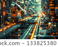 An automated factory floor buzzes with IoT sensors and robotic arms working in unison. The high-tech environment showcases industrial innovation, connectivity, and precision manufacturing at scale. 133825380