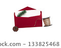 Red envelope with white card, pine branch, cone and twine, isolated on white background, festive and natural 133825468