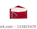 Red envelope with white card and Christmas tree decoration, open, isolated on white background, festive and elegant 133825470