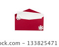 Red envelope with white card and paper snowflakes, open, isolated on white background, festive and elegant 133825471