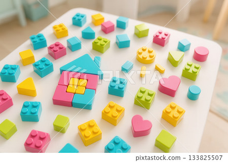 Colorful Building Blocks And Shapes Forming Playful House Design 133825507