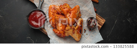 Roasted grilled chicken wings dipping sauce ketchup wooden cutting board barbecue bbq Roasted grilled chicken wings dipping sauce ketchup wooden cutting board barbecue bbq 133825588