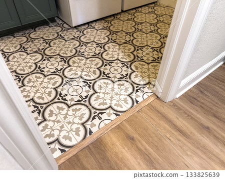 Decorative black and white patterned tiles line the floor in a transitional space between laminate wood flooring. The flooring design is striking and elegant. 133825639