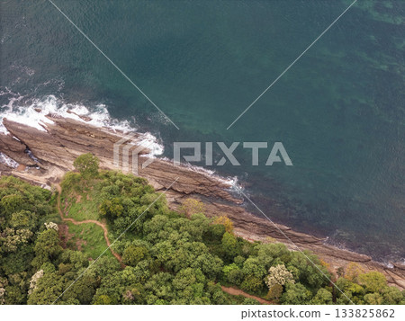 Scenic view of rocky shoreline and lush green forest by the coast Scenic view of rocky shoreline and lush green forest by the coast 133825862