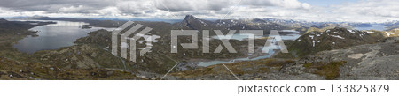 Panoramic view of lake Vinstre and Bitihorn in Jotunheimen national park in Norway with stunning scenery Panoramic view of lake Vinstre and Bitihorn in Jotunheimen national park in Norway with stunning scenery 133825879