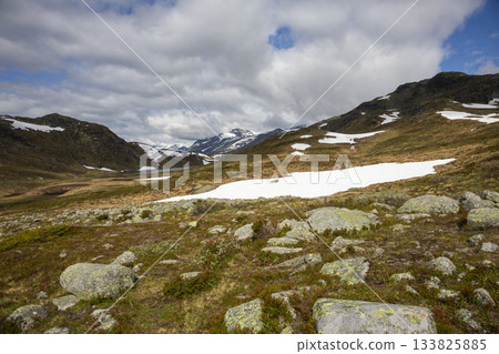 Stunning view of Jotunheimen National Park landscape during hike to Synshorn mountain from Bygdin mountain hotel 133825885