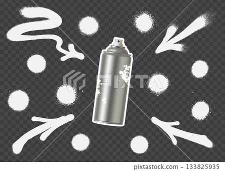 Spray paint streaks and drips with metallic aerosol can on transparent background. 133825935