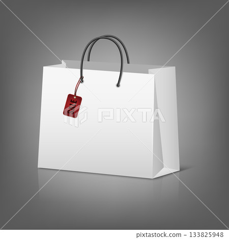 Shopping Bag with Sale Tag. White Paper Shopping Bag with Red Sale Label, Realistic 3D Vector Shopping Bag for Discount, Promotion, Black Friday Offer, Retail Store and Fashion Shop Advertising Design 133825948