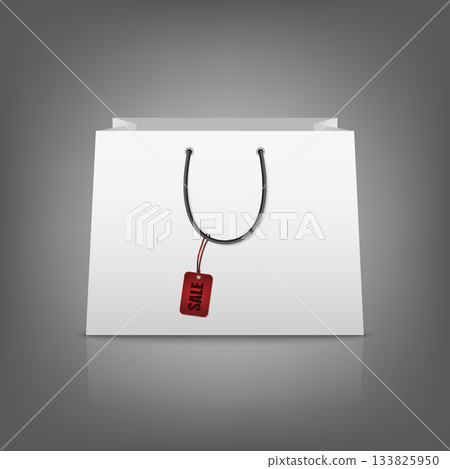 Shopping Bag with Sale Tag. White Paper Shopping Bag with Red Sale Label, Realistic 3D Vector Shopping Bag for Discount, Promotion, Black Friday Offer, Retail Store and Fashion Shop Advertising Design Shopping Bag with Sale Tag. White Paper Shopping Bag with Red Sale Label, Realistic 3D Vector Shopping Bag for Discount, Promotion, Black Friday Offer, Retail Store and Fashion Shop Advertising Design 133825950