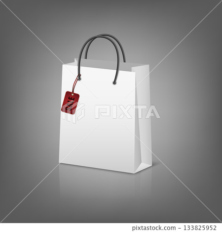 Shopping Bag with Sale Tag. White Paper Shopping Bag with Red Sale Label, Realistic 3D Vector Shopping Bag for Discount, Promotion, Black Friday Offer, Retail Store and Fashion Shop Advertising Design 133825952