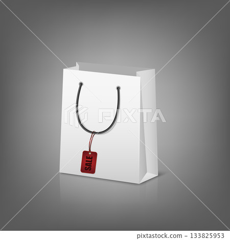 Shopping Bag with Sale Tag. White Paper Shopping Bag with Red Sale Label, Realistic 3D Vector Shopping Bag for Discount, Promotion, Black Friday Offer, Retail Store and Fashion Shop Advertising Design 133825953