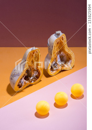 Abstract still life with a cut pumpkin and balls on a multi-colored background Abstract still life with a cut pumpkin and balls on a multi-colored background 133825994