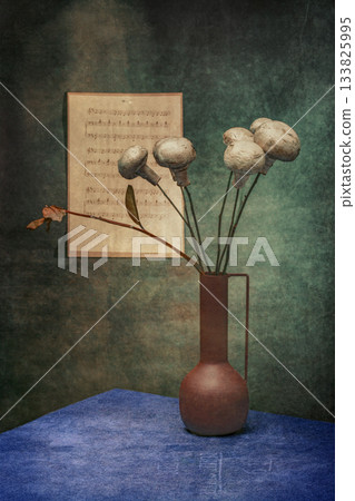Still life "Bouquet of mushrooms" with mushrooms on wooden sticks 133825995