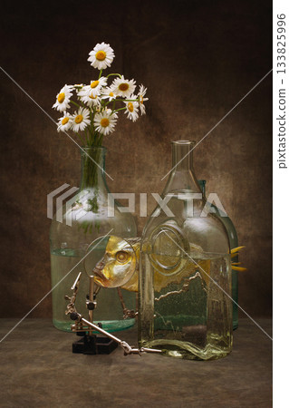 Still life with moonfish, a bouquet of daisies and glass bottles Still life with moonfish, a bouquet of daisies and glass bottles 133825996