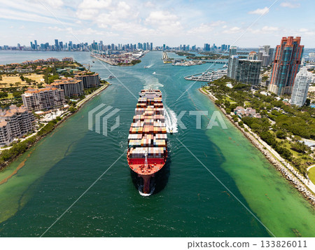 Shipping logistics. Commercial shipping. Top view. Cargo ship in sea, aerial view. Freight container loaded on cargo vessel. Aerial cargo ship with container. Cargo business. Container ship 133826011