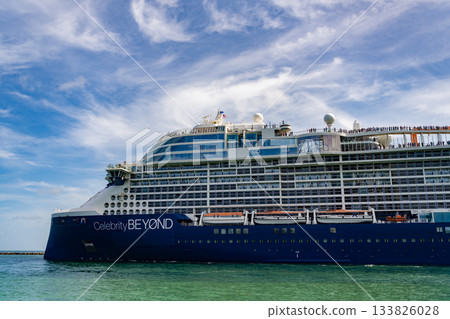 Miami, Florida, USA - July 27, 2025: Celebrity Beyond cruise ship voyage. Cruise in summer vacation. Celebrity Cruises cruise line. Cruise ship tour and travel at sea. Ship leaving sea port Miami, Florida, USA - July 27, 2025: Celebrity Beyond cruise ship voyage. Cruise in summer vacation. Celebrity Cruises cruise line. Cruise ship tour and travel at sea. Ship leaving sea port 133826028