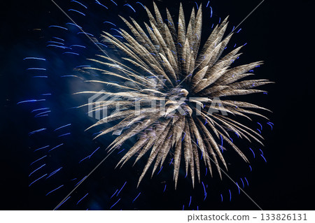 Happy new year eve. Holiday firework pyrotechnics in night sky. Celebrating Christmas with fireworks. Fireworks celebrate anniversary. Fireworks on holiday celebration Happy new year eve. Holiday firework pyrotechnics in night sky. Celebrating Christmas with fireworks. Fireworks celebrate anniversary. Fireworks on holiday celebration 133826131