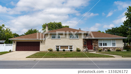 Residence architecture. Suburban neighborhood. Suburban house architecture. Private house. Neighborhood architecture. Property in neighborhood. Residential property house. Affordable housing Residence architecture. Suburban neighborhood. Suburban house architecture. Private house. Neighborhood architecture. Property in neighborhood. Residential property house. Affordable housing 133826172