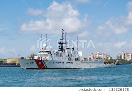 Miami, Florida, USA - July 19, 2025: USCGC Harriet Lane. US coast guard boat. Medium Endurance Cutter. Patrol ship of US coast guard with crew. Coast guard patrol boat in sea Miami, Florida, USA - July 19, 2025: USCGC Harriet Lane. US coast guard boat. Medium Endurance Cutter. Patrol ship of US coast guard with crew. Coast guard patrol boat in sea 133826178