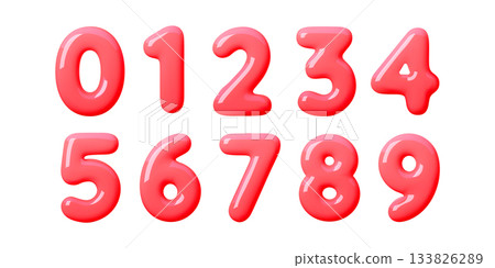 Playful glossy 3d red number set in bright balloon style. Soft inflated digits with shiny candy texture. Clean red shapes and smooth 3d number forms fit kids, party themes and fun modern design Playful glossy 3d red number set in bright balloon style. Soft inflated digits with shiny candy texture. Clean red shapes and smooth 3d number forms fit kids, party themes and fun modern design 133826289