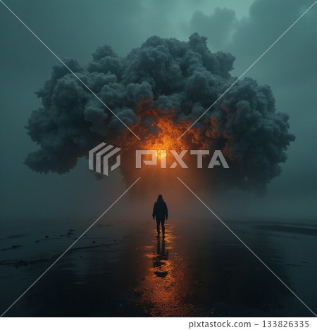 Clouds create a mysterious glow in the dark landscape Generative AI 133826335