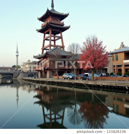 Beautiful scenery with ancient architecture and modern city Generative AI 133826336