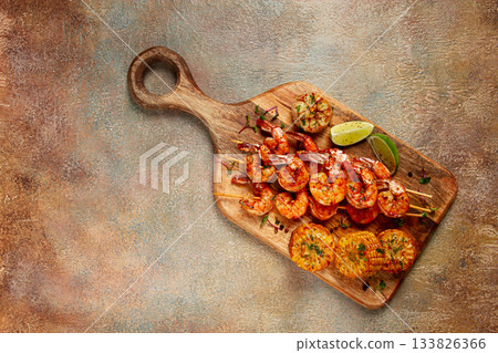 tiger prawns on skewers, shrimp kebab, with corn, fried, homemade, no people, 133826366