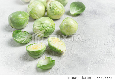 fresh Brussels sprouts, raw, top view, on a gray table, no people, 133826368